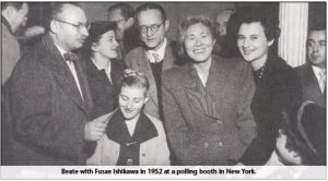 Beate Gordon, 1952, at a NYC polling booth with Fusae Ichikawa, a Japanese feminist, politician and leader of the women’s suffrage movement in Japan.